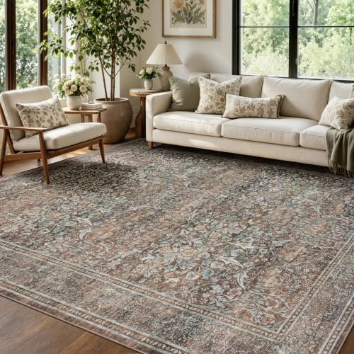 JOLLYVOGUE Vintage Floral Area Rug for Living Room 6x9, Washable Rug with Faux Cashmere Surface, 0.2" Low Pile and Non-Slip Backing, Pet & Kids-Friendly for Bedroom and Dining Room, Vintage Brown - color: Vintage Brown, size: 6' x 9' (Rectangular)