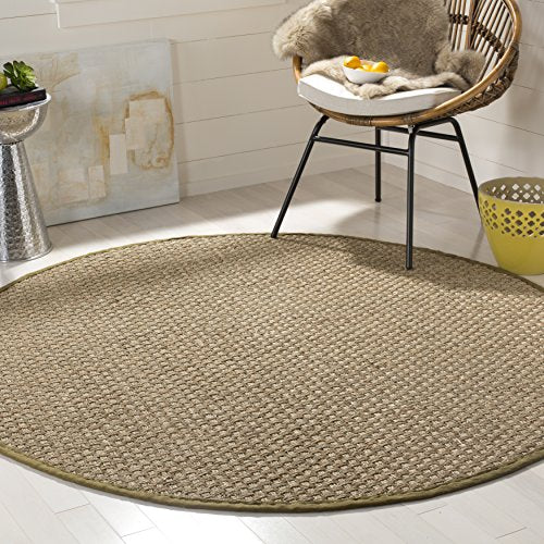 SAFAVIEH Area Rug 4' Round - Natural Fiber Collection - Natural & Olive Green, Seagrass, Basketweave Pattern with Border (NF114G) - color: Natural/Olive, size: 4' (Round)