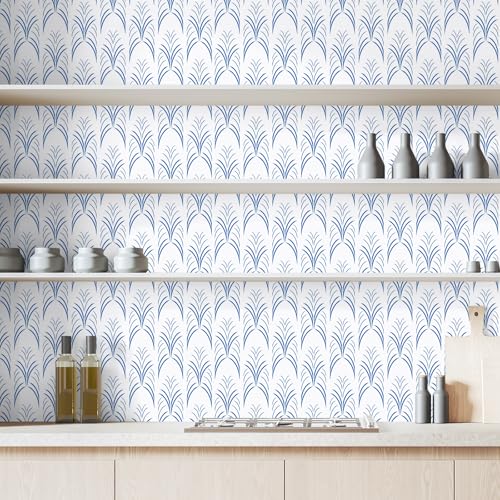 Blue White Geometric Peel and Stick Wallpaper Removable Abstract Vertical Striped Wallpaper Prepasted Boho Geometric Wall Mural 17.7"x160" Waterproof Blue Contact Paper for Bathroom Nursery
