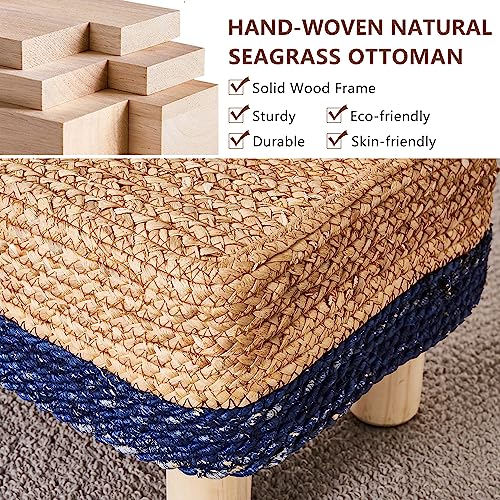 Wimarsbon Natural Seagrass Footstool Ottoman Rectangular Footrest Pouf Ottomans with Wooden Legs Hand Weave Step Stool for Living Room Bedroom Entryway Blue - color: Blue, size: 12"D x 16.5"W x 9.5"H