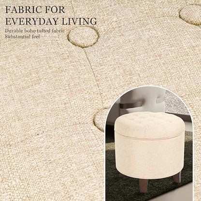 HomePop 19" Button Tufted Round Storage Ottoman - Tan Woven - color: Tan Woven