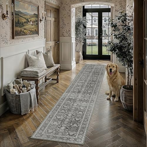 Black Runner Rug 2.6x10 Vintage Traditional Distressed | Washable, Non Slip, Soft Low Pile, Extra Long Hallway Carpet for Kitchen, Entryway, Laundry Room, Farmhouse Decor - color: Accent Black, size: 2'6" x 10' (Runner)