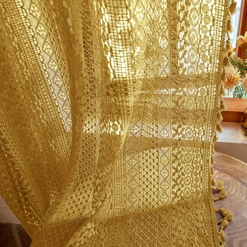 WAZZIO Boho Lace Curtains 63 Inches 2 Panel,Light Filtering Privacy Tassel & Geometry Crochet Semi Sheer Curtain Drapes for Bedroom Living Dining Room,Rod Pocket & Tassel,Mustard Yellow - color: Yellow, size: 59"W x 63"L (Pack of 2)