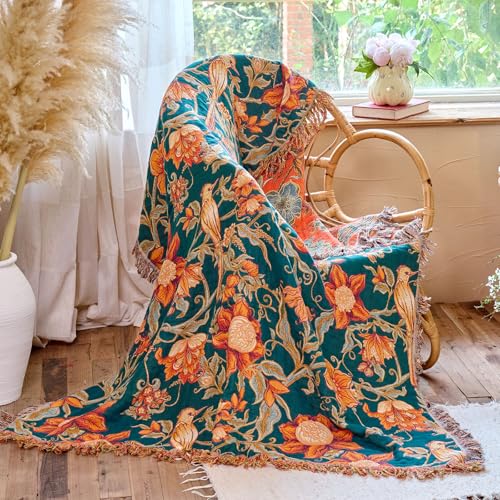Boho Throw Blanket 60"x80" 100% Cotton Twin Bird Blanket, Breathable Lightweight Spring Decorative Reversible Blankets with Fringe for Couch Vintage Decor - color: Dark Teal, size: 60"x80"
