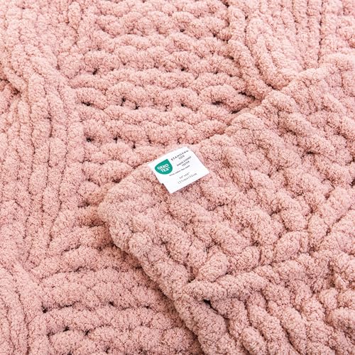 WESHIONGOO Chunky Knit Blanket Throw for Couch Bed 50"×60" Pink | 100% Handmade Knitted Throw blanket Fluffy Soft Blanket With Jumbo Chenille Yarn Thick - color: Pink, size: 50"x60"