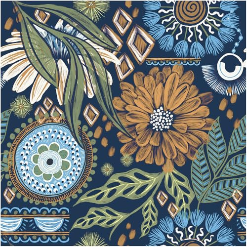Floralplus Peel and Stick Wallpaper Removable Bathroom Wallpaper Boho | Vintage Floral Renter Friendly Wallpaper Self Adhesive Retro Flower Contact Paper for Shelf Home Decor, 17.5 x 118 in - color: Blue, size: 17.5" x 118"