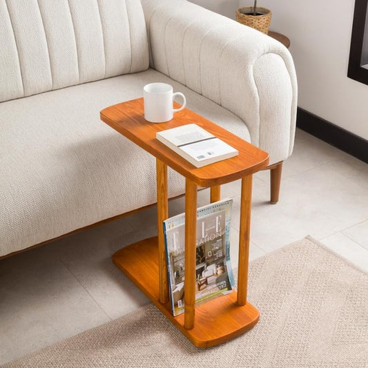 direfly Shape Narrow End Side Coffee Table with Storage, Solid Chestnut Wood Space Saving Couch C End Side Table, Sofa Table Livingroom Furniture