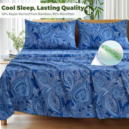 Bedlifes Twin Floral 3-Piece Sheet Set - Cooling Sheets Blend Rayon Derived from Bamboo,Soft & Breathable, Deep Pocket 16", Wrinkle Resistant - Paisley Dark Navy Blue - color: Navy Paisley, size: Twin(Bambo0)