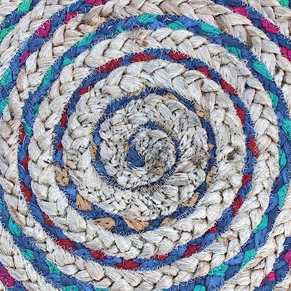SIMPLIHOME Margo 30" Wide Round Pouf in Natural Jute and Cotton | Boho footstool, braided pouf, extra seating for living room or bedroom with polystyrene bead filling, assembled; accent seat. - color: Multi-blue, style: Pouf