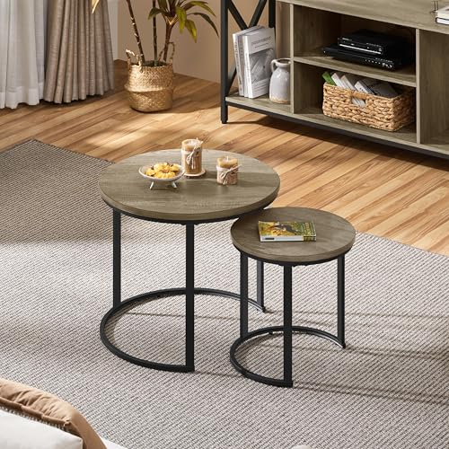 Yaheetech Round Nesting Coffee & Side Table Set of 2 for Living Room, Gray | Space-Saving Nesting Design, Engineered Wood Tops on Black Metal Frames, Use Apart as End Tables, Easy Assembly, 99 lb Max - color: Grey