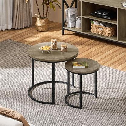 Yaheetech Round Nesting Coffee & Side Table Set of 2 for Living Room, Gray | Space-Saving Nesting Design, Engineered Wood Tops on Black Metal Frames, Use Apart as End Tables, Easy Assembly, 99 lb Max - color: Grey