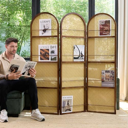 Rattan Room Divider with Bookshelf,Privacy Screen for Home Office & Bedroom,Portable Partition, Wooden Frame - color: Walnut-rattan