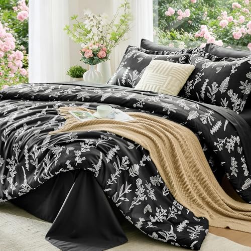 Black TwinXL Comforter Set, Elegant Floral Print Bed in a Bag 5 Pieces, Ultra Soft & Breathable Reversible Botanical Pattern Bedding Set with Comforter, Sheets, Pillowcase, and Sham - color: Black Leaves, size: Twin XL (68"x88")