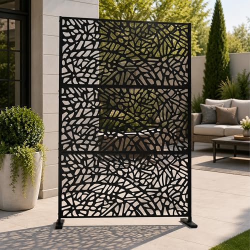 Kozyard Metal Privacy Screen 74" H x 47.2" W Decorative Outdoor Divider | with Stand Panels Freestanding Screen Set for Deck Patio Balcony Garden Outdoor&Indoor(Black/Organic Fracture) - color: Black/Organic Fracture