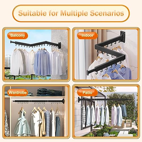 HEILAIYI Clothes Drying Rack for Laundry,Wall Mounted Clothes Hanger Rack,Folding,Retractable,Collapsible(J Shape Hooks) - size: Black/J-Shape Hooks