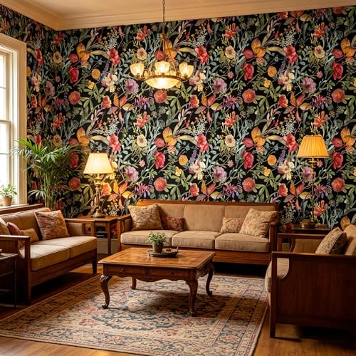 Black Flowers Peel and Stick self Adhesive Wallpaper Floral | - 96''x32'' - color: X17, size: 32" x 96"