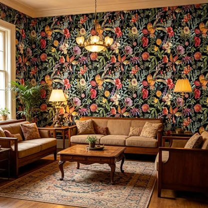 Black Flowers Peel and Stick self Adhesive Wallpaper Floral | - 96''x32'' - color: X17, size: 32" x 96"