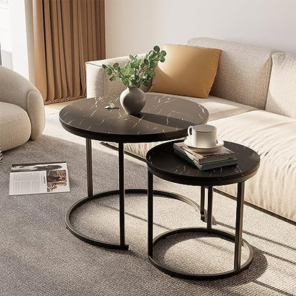 aboxoo Round Nesting Coffee Table Side Set of 2 End Tables for Living Room Bedroom Balcony,Black Faux Marble Wooden Table 23.6IN Accent Large Coffee Table with Steel Frame - color: Black Marble
