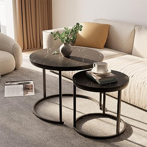 aboxoo Round Nesting Coffee Table Side Set of 2 End Tables for Living Room Bedroom Balcony,Black Faux Marble Wooden Table 23.6IN Accent Large Coffee Table with Steel Frame - color: Black Marble