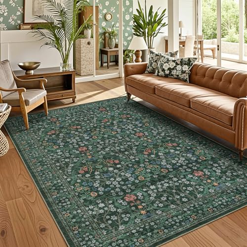 GarveeHome Floral Area Rugs 5x7, Washable Rug for Living Room, Bedroom, Low Pile Non Slip Stain Resistance Indoor Boho Carpet Mat for Farmhouse, Dining Room, Office, Dark Green - color: B.dark Green, size: 5' x 7' (Rectangular)
