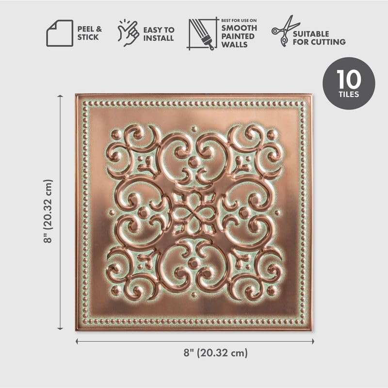 Peel and Stick Metal Backsplash Tiles, Patina Copper, 10-Pack | 8 x 8 in tile size; Covers up to 4.44 sq ft; Aluminum; Water-resistant surface; For kitchens, ceilings, DIY projects - style: Patina Copper