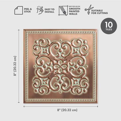 Peel and Stick Metal Backsplash Tiles, Patina Copper, 10-Pack | 8 x 8 in tile size; Covers up to 4.44 sq ft; Aluminum; Water-resistant surface; For kitchens, ceilings, DIY projects - style: Patina Copper