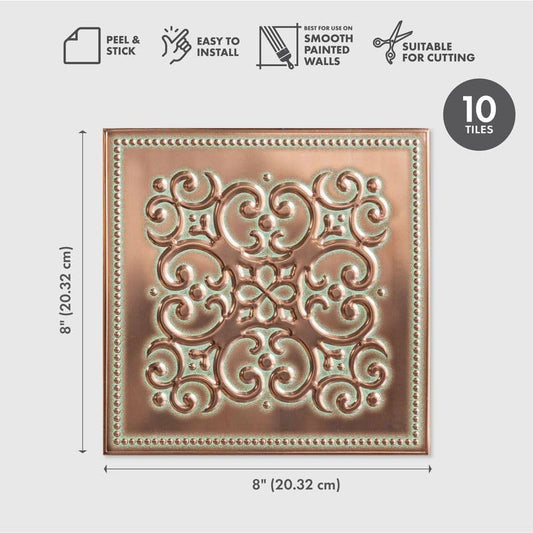 Peel and Stick Metal Backsplash Tiles, Patina Copper, 10-Pack | 8 x 8 in tile size; Covers up to 4.44 sq ft; Aluminum; Water-resistant surface; For kitchens, ceilings, DIY projects - style: Patina Copper