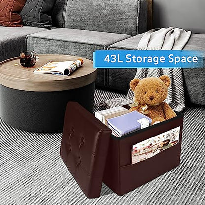 Ottoman with Storage,17 Inch Leather Folding Foot Rest Stool,Brown | Small Ottoman with Side Pockets, Thicker Foam Padded Seat, 17 * 13 * 13 Inch, Livingroom, Dorm, Bedroom, Entryway - color: Brown
