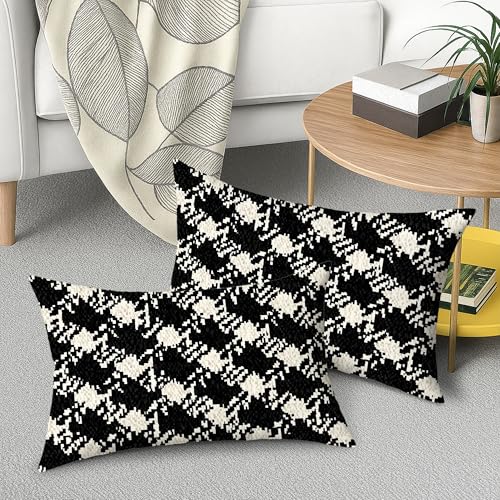 Houndstooth Throw Pillow Covers Set of 2, Modern Contemporary Geometric Abstract None Black Soft Velvet Washable Accents Pillows Cases for Home Bedroom Living Room Sofa Couch Decor 20x12 Inch - size: 20" x 12" (Pack of 2)