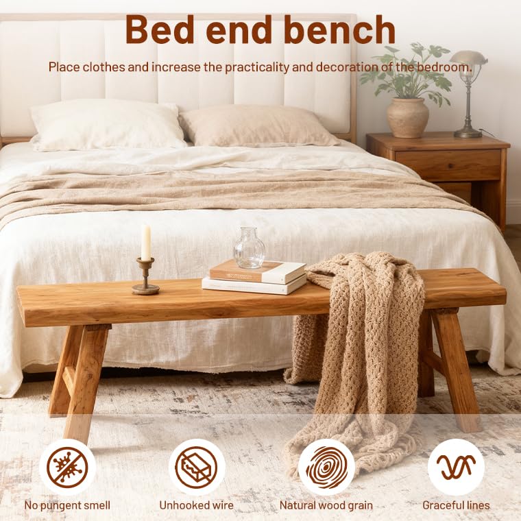 Wood Bench Indoor Farmhouse Skinny Entryway Bench Hallway Foyer with Sturdy | Rustic Indoor Bench End of Bed, Norrow Solid Wood Benches for Bedroom Living Room 31.4 x10.2 inch - size: 31.49in