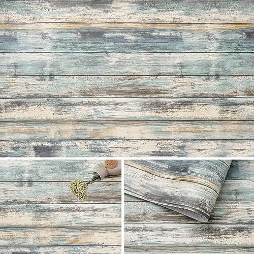 Arthome 17''x120'' Blue Rustic Wood Paper Self-Adhesive Removable Peel and Stick Wallpaper Vinyl Decorative Wood Plank Film Vintage Wall Covering for Furniture Easy to Clean Wooden Grain Paper - color: Blue Wood, size: 17" x 120"