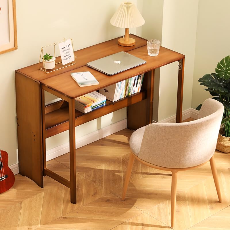 Bamboo Folding Desk, Mid Century Modern Sturdy & Space-Saving Hideaway Desk for Home Office Bedroom Small Spaces, Fold Out Desk with Storage Ergonomic Height Murphy Desk (Walnut) - color: Walnut