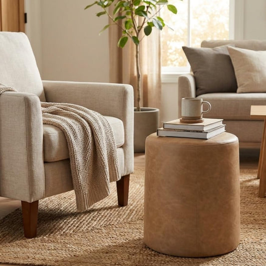 HomePop 17" Organic Shape Ottoman - Sand Faux Leather - color: Sand Faux Leather