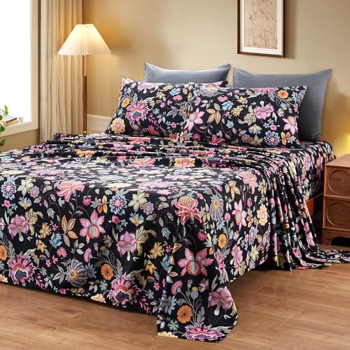 Bedlifes Floral Pattern Bed Sheet Set Twin Size, 16" Deep Pocket 3-Piece | Ultra Soft Microfiber, Breathable & Silky, OEKO-TEX Certified, Easy-Care Machine Washable, 3-Piece, All-Season Spring Bedding - color: Black Yellow, size: Twin