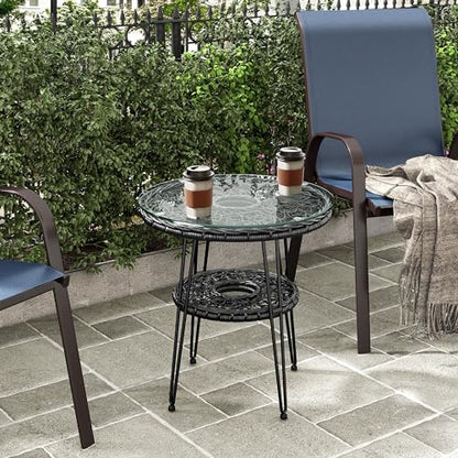 Furniture of America Ysar Boho 19-inch Round Coffee Table Outdoor with Tempered Glass Top and Metal Frame, Handcrafted Coastal Furniture for Patio, Poolside, Garden, Yard, Black - color: Black/19 In.