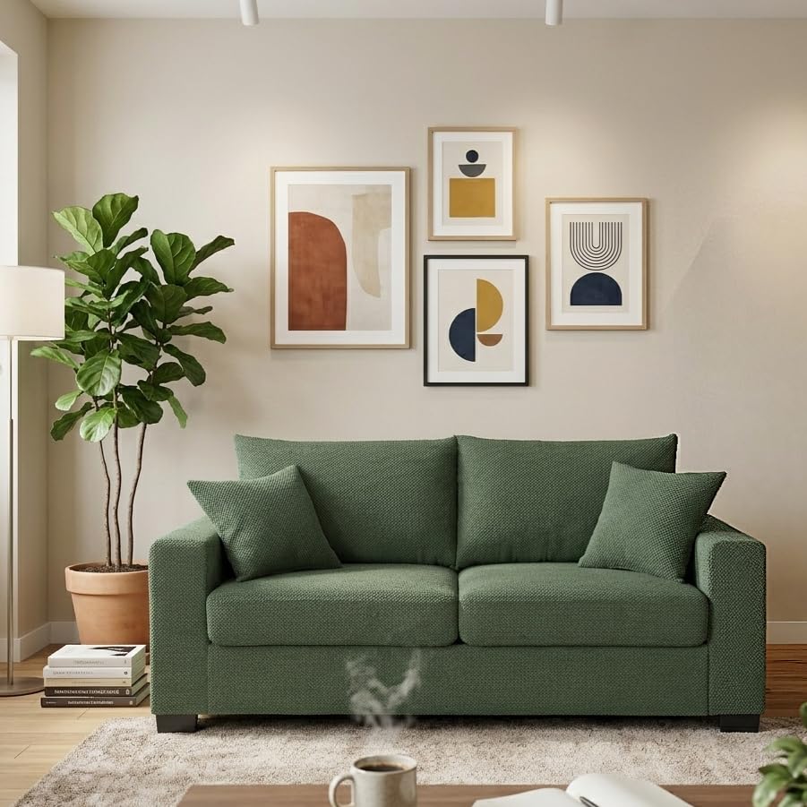Two-Seater Sofa with Textured Fabric, Dark Green - Comfortable Upholstered Couch with 2 Throw Pillows and Sturdy Plastic Legs for Living Room, Apartment, Office - color: Dark Green