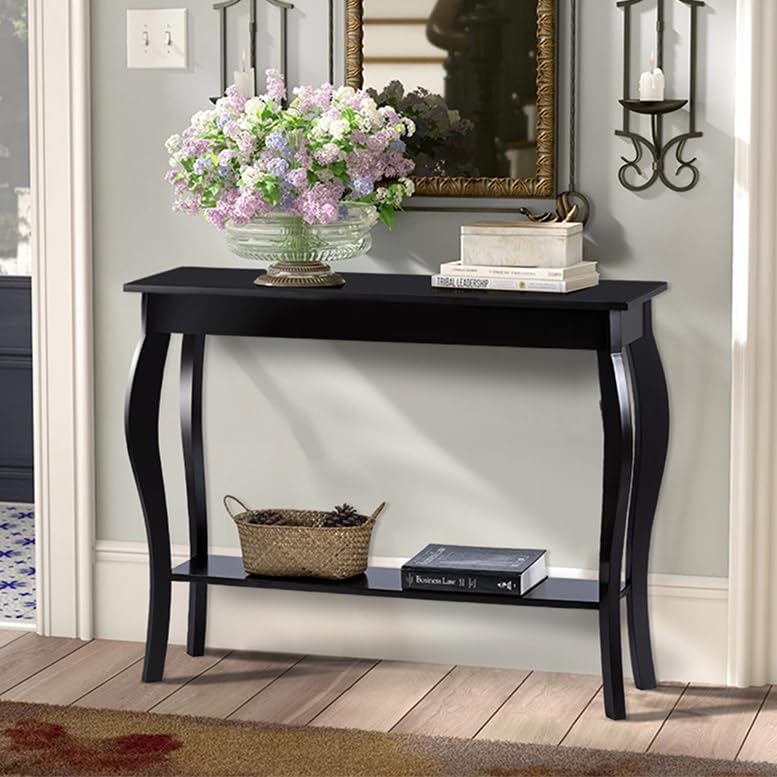 ChooChoo 39" Narrow Entryway Table with Storage Shelf, Black | Console Table with Curved Legs, Chic Accent Sofa Table with Shelves for Entryway, Living Room, Hallway - color: Black