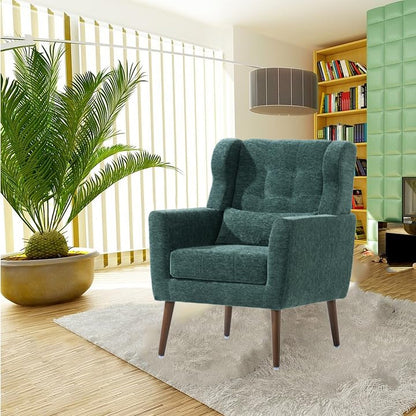 Accent Chair, Living Room Chairs with Solid Wood Legs & Pillow | Chairs Living Room with High Tufted Backrest, Reading Chair for Bedroom/Office, Chenille Fabric - color: Blackish Green