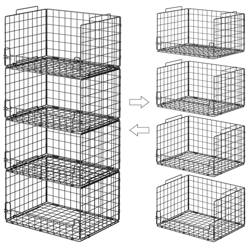 4-Tier Stackable Closet Organizers and Storage Basket - Foldable Closet Shelf Organizer System, Sturdy Metal Space-Saving Clothes Storage Bins for Wardrobe, Black - color: Black, size: 4-Tier