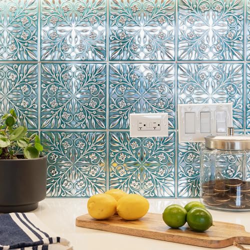 Peel and Stick Metal Tiles, Teal & Silver Leaves, 10-Pack | 8 x 8 in tile size; Covers up to 4.44 sq ft; Aluminum; Water-resistant surface; For kitchens, ceilings, DIY projects - style: Teal and Silver Leaves