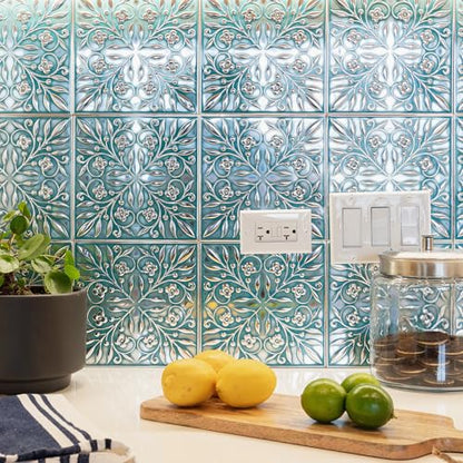 Peel and Stick Metal Tiles, Teal & Silver Leaves, 10-Pack | 8 x 8 in tile size; Covers up to 4.44 sq ft; Aluminum; Water-resistant surface; For kitchens, ceilings, DIY projects - style: Teal and Silver Leaves