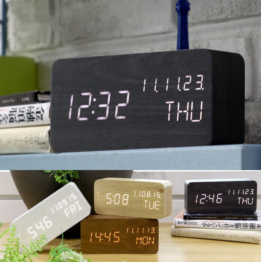Wood Digital Alarm Clock Desk Time, Date(MM/DD/YY), Day of The Week, Temperature, Nightlight Large LED Display Portable Lamp Bedroom, Office, School, Home, Livingroom, Room (Black) - color: Black