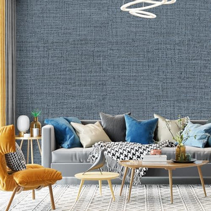 Blue Gray Grasscloth Peel and Stick Wallpaper 17.3"x160" Faux Linen Textured Contact Paper Removable Self Adhesive Vinyl Wallpaper for Bedroom Bathroom Kitchen Cabinets - color: Blue/Gray, size: 17.3" x 160"