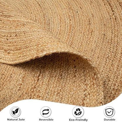 Hausattire Jute Braided Round Area Rug, Natural, 8 ft | 100% natural jute, hand woven, reversible, boho farmhouse style, bedroom/living room/kitchen use - color: Natural, size: 8' Round