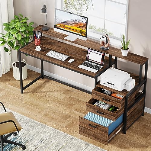 Tribesigns 63 Inch Computer Desk with File Drawer Cabinet, Ergonomic Desk | Office Desk with Monitor Stand, Computer Table with Printer Space, Wood PC Table Workstation Desk for Home Office - color: Rustic Brown