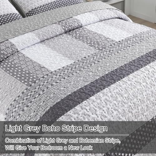 WONGS BEDDING Grey Full Size Quilt Set, Bohemian Striped Bedspreads | Reversible Boho Bedspread with Grey Accents, Lightweight Microfiber Coverlet for All Seasons (78"x90") , OEKO-TEX - color: Grey, size: Full