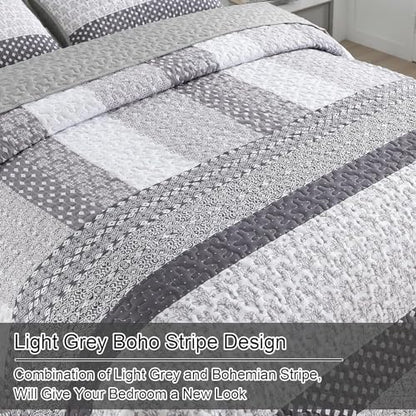 WONGS BEDDING Grey Full Size Quilt Set, Bohemian Striped Bedspreads | Reversible Boho Bedspread with Grey Accents, Lightweight Microfiber Coverlet for All Seasons (78"x90") , OEKO-TEX - color: Grey, size: Full