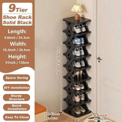 9 Tier Narrow Vertical Shoe Rack Black Space-Saving DIY Stand | Free Standing, Entryway & Closet Use, Quick Assembly, Sturdy Structure, Easy to Clean