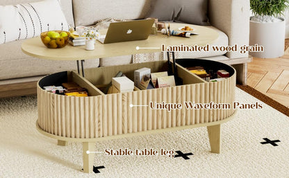 Oval Coffee Table with Lifting Top, 41" Fluted Coffee Table with Storage for Living Room or Home Office, Oak - color: Oak