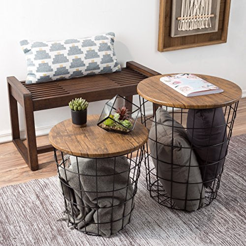Lavish Home End Tables - Round Nesting Tables Set of 2, Brown/Black | 17.5”/15.5” Side Tables with Removable Wood Tops & Metal Basket Bases for Blanket Storage, Living Room, Bedroom & Home Office - color: Brown Round